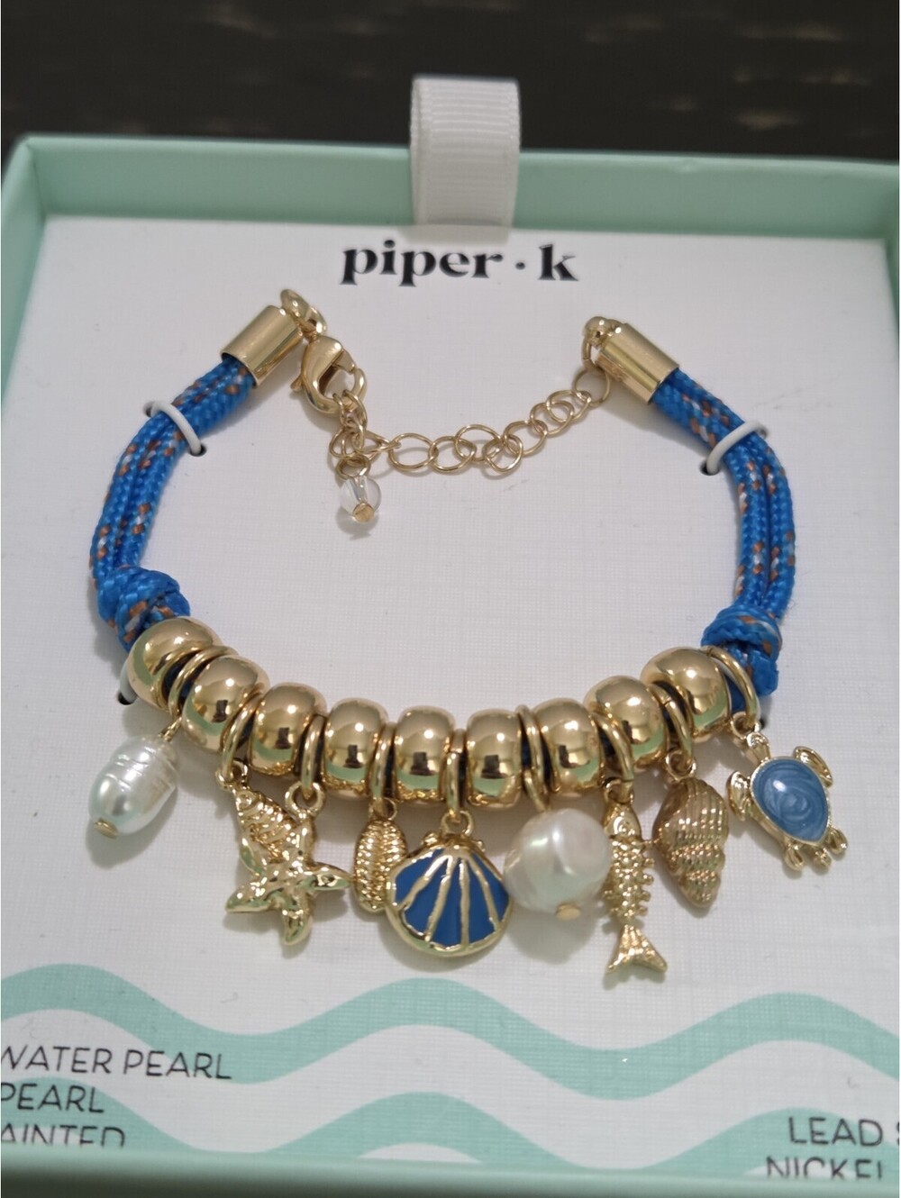 Piper K Blue Cord Gold Tone Sea Life Charm Bracelet Freshwater Pearls NIB